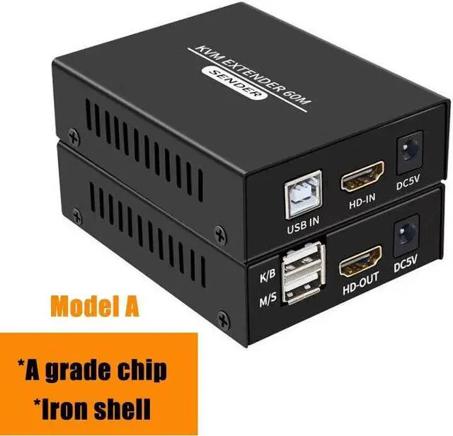 Main image of 1 Pair 60M Video Extension Adapter HDMI-compatible KVM USB-A Keyboard Mouse Aluminium Alloy RJ45 Lan Ethernet Extender TX RX(US Plug)
(Model A)