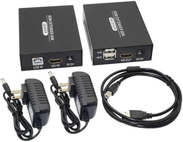 Alt view image 6 of 6 - KVM Extender 60M 1080P HDMI-compatible Over cat5e/6 Ethernet RJ45 LAN Cable USB-A Keyboard Mouse KVM Video Extend TX RX Adapter(With US Plug)