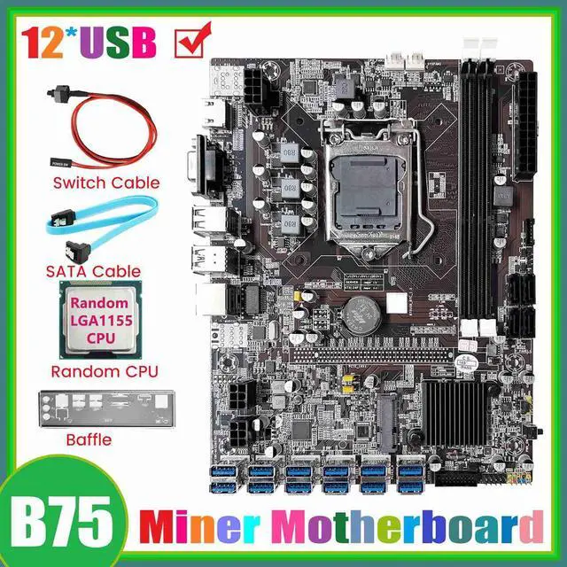 Alt view image 6 of 6 - B75 12GPU BTC Mining Motherboard+Random CPU+SATA Cable+Switch Cable Support 2XDDR3 RAM B75 12USB Miner Motherboard