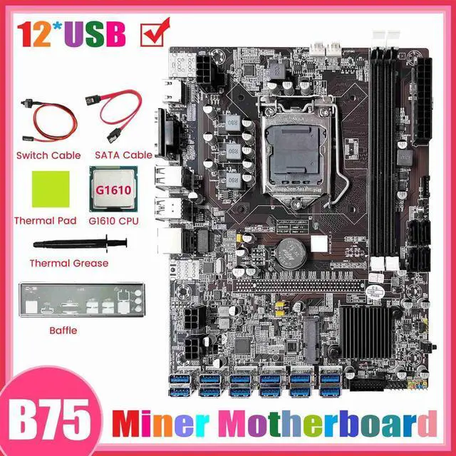 Alt view image 6 of 6 - B75 12GPU BTC Mining Motherboard+G1610 CPU+SATA Cable+Thermal Grease Support 2XDDR3 RAM B75 12USB Miner Motherboard
