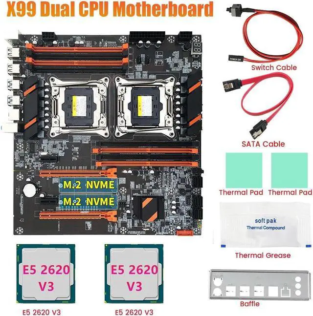 Alt view image 3 of 6 - X99 Dual CPU Motherboard+2XE5 2620 V3 CPU+SATA Cable+Baffle+Thermal Grease LGA 2011 Slot Support 2011-V3 CPU Motherboard