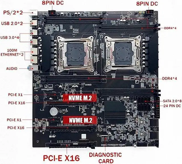 Alt view image 4 of 6 - X99 Dual-Socket CPU Motherboard LGA2011-3 8XDDR4 ECC RAM Slot PCIEx16 SATA3.0 Server PC Motherboard Support E5 V3/V4 CPU