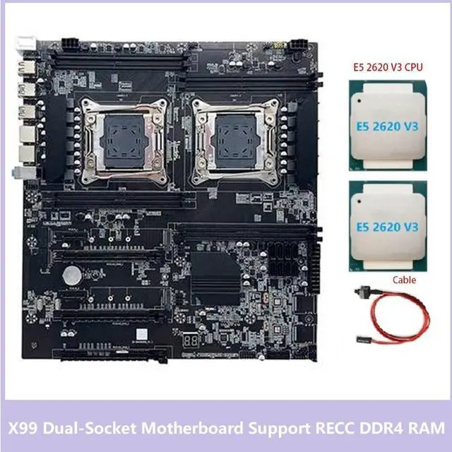 Alt view image 2 of 6 - X99 Dual-Socket Motherboard LGA2011-3 Dual CPU Support RECC DDR4 Memory with 2XE5 2620 V3 CPU+Switch Cable
