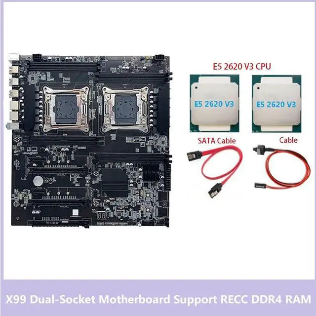 Alt view image 5 of 6 - X99 Dual-Socket Motherboard LGA2011-3 Dual CPU Support RECC DDR4 Memory with 2XE5 2620 V3 CPU+SATA Cable+Switch Cable