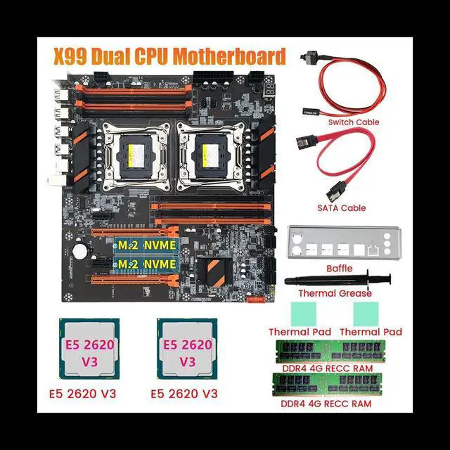 Alt view image 3 of 6 - X99 Dual CPU Motherboard+2XE5 2620 V3 CPU+2XDDR4 4G RECC RAM+SATA Cable+Baffle LGA 2011 8XDDR4 Slot Support 2011-V3 CPU