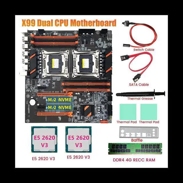 Alt view image 3 of 6 - X99 Dual CPU Motherboard+2XE5 2620 V3 CPU+DDR4 4G RECC RAM+SATA Cable+Baffle+Thermal Grease LGA 2011 for 2011-V3 CPU