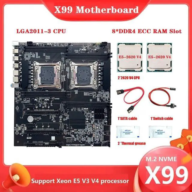 Alt view image 4 of 6 - X99 Dual-Socket Motherboard+2XE5-2620 V4 CPU+2XThermal Grease+Switch Cable+SATA Cable LGA2011 V3/V4 8XDDR4 ECC RAM Slot