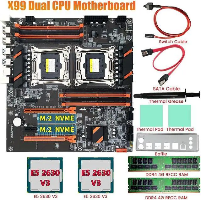 Alt view image 3 of 6 - X99 Dual CPU Motherboard+2XE5 2630 V3 CPU+2XDDR4 4G RECC RAM+SATA Cable+Baffle LGA 2011 8XDDR4 Slot Support 2011-V3 CPU