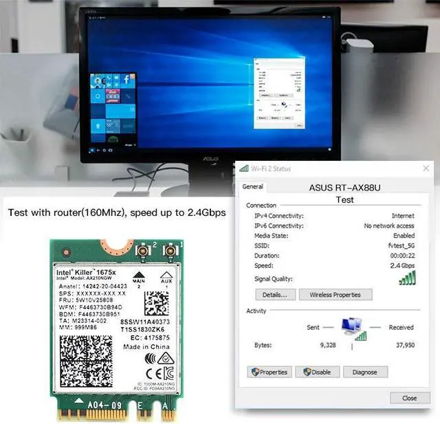 Alt view image 2 of 6 - 5374Mbps Wifi 6e AX210 Wifi Network Card Killer 1675X Bluetooth 5.2 Wireless Wlan Adapter AX210NGW M.2 Wi-fi 6 For Win 10(Antenna)