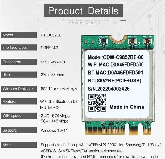 Alt view image 2 of 6 - Wifi 6 Realtek RTL8852BE Network Card 1800Mbps BT 5.0 Dual Band Wireless Wi-Fi Adapter 802.11ac/ax 2.4G/5Ghz MU-MIMO For Win 10