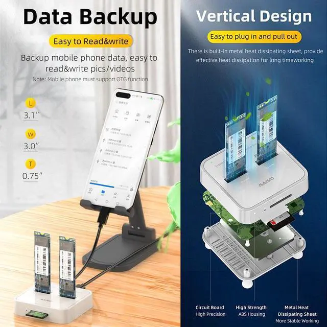 Alt view image 5 of 6 - K3016SD Dual M.2 SSD Docking Bay 10Gbps SATA/NVMe SD Card Reader Station Solid State Drive Enclosure Case Holder Adapter(US)