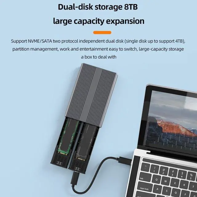 Alt view image 3 of 5 - M.2 SATA Hard Drive Enclosure NVME Hard Disk Drive Box Dual-Bay USB3.1 Type-C Dual Protocol Aluminum Alloy for Desktop Computer(NVME SATA)