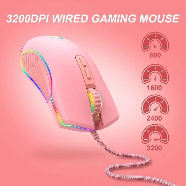 Alt view image 5 of 6 - 3200 DPI USB C Gaming Mouse Computer Wried Optical Mice for PC Gamer RGB 4 Backlight Breathing LED, Pink Type-C Model