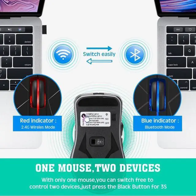 Alt view image 4 of 6 - Bluetooth Wireless Mouse 1600 DPI Dual Mode 2 in 1 Cordless Bluetooth 5.0 + 2.4Ghz Mouse Rechargeable Gaming Mouse