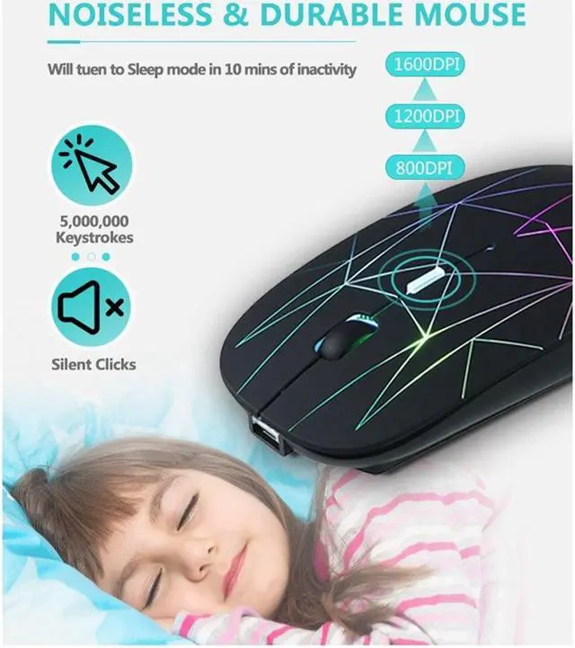 Alt view image 4 of 6 - 2.4G Wireless Mouse LED Rechargeable Slim Silent Mouse with USB and Type C 2 in 1 Receiver for Computers Laptops Black