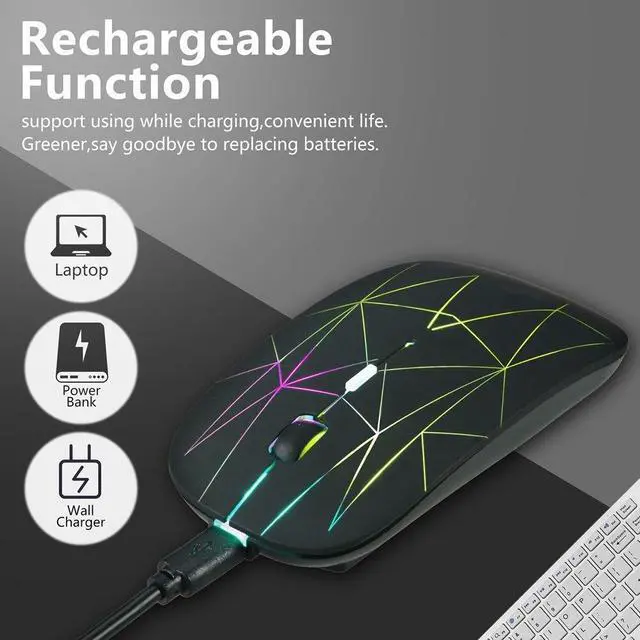 Alt view image 2 of 6 - 2.4G Wireless Mouse LED Rechargeable Slim Silent Mouse with USB and Type C 2 in 1 Receiver for Computers Laptops Black