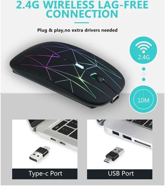 Alt view image 5 of 6 - 2.4G Wireless Mouse LED Rechargeable Slim Silent Mouse with USB and Type C 2 in 1 Receiver for Computers Laptops Black