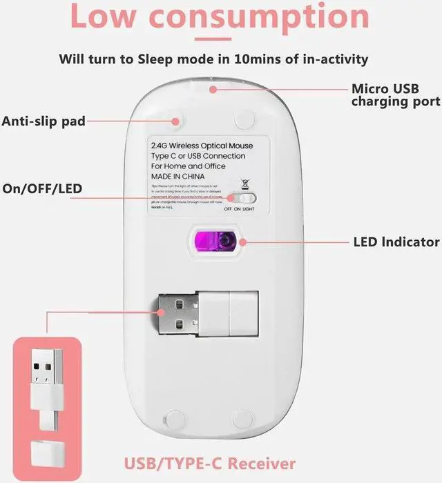 Alt view image 4 of 6 - 2.4G Wireless Mouse LED Rechargeable Slim Silent Mouse with USB and Type C 2 in 1 Receiver for Computers Laptops Silver