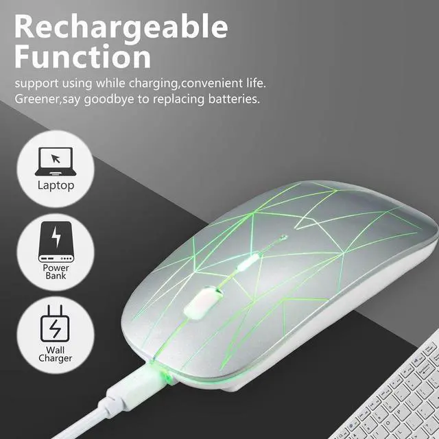 Alt view image 6 of 6 - 2.4G Wireless Mouse LED Rechargeable Slim Silent Mouse with USB and Type C 2 in 1 Receiver for Computers Laptops Silver