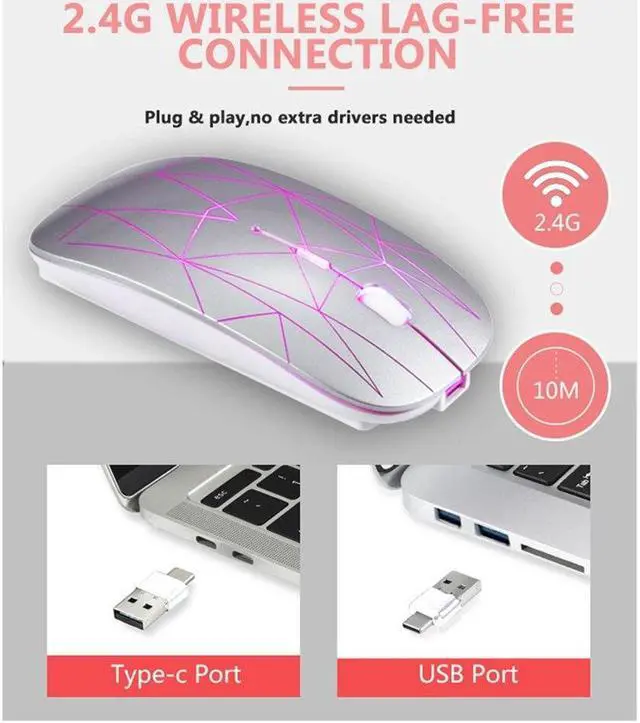 Alt view image 3 of 6 - 2.4G Wireless Mouse LED Rechargeable Slim Silent Mouse with USB and Type C 2 in 1 Receiver for Computers Laptops Silver
