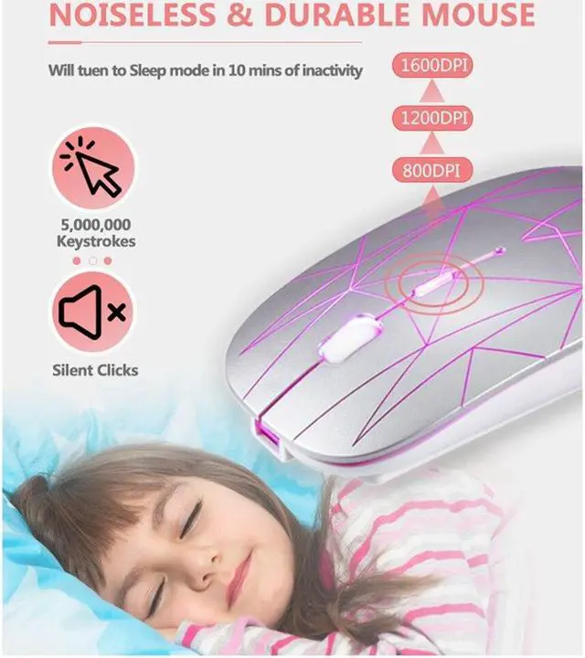 Alt view image 5 of 6 - 2.4G Wireless Mouse LED Rechargeable Slim Silent Mouse with USB and Type C 2 in 1 Receiver for Computers Laptops Silver