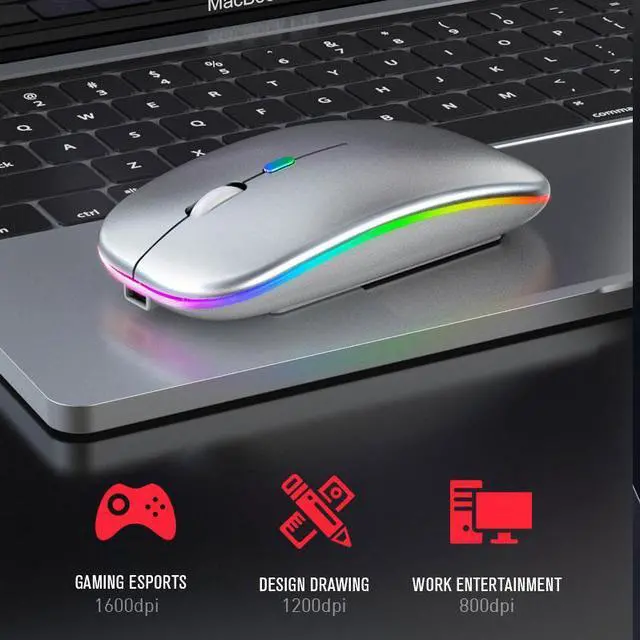 Alt view image 5 of 6 - Bluetoooth 5.0 Wireless Mouse With USB Rechargeable RGB Light For Laptop Computer PC Macbook Gaming Mouse 2.4GHz 1600DPI(Gray)