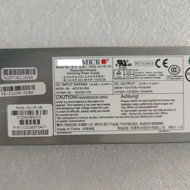 Alt view image 6 of 6 - For PWS-1K11P-1R 850W/1010W 1U Redundant Power Supply