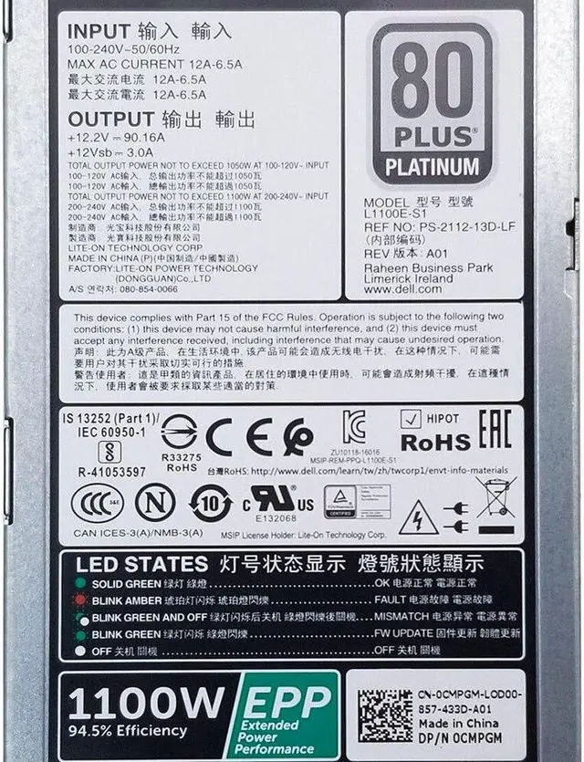 Alt view image 2 of 2 - 1100W 0CMPGM EPP Power Supply for PowerEdge R630 R730 T430 T630 1100W EPP 80 Plus Platinum Power Supply CMPGM L1100E-S1