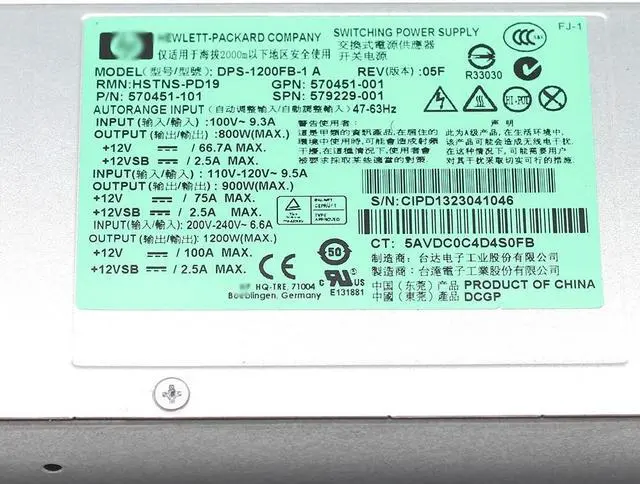 Alt view image 2 of 5 - for DL580 G7 Gen7 DL580G7 Server Platinum PSU 1200W 12V100A PLUS Power Supply DPS-1200FB-1 A HSTNS-PD19 570451-001