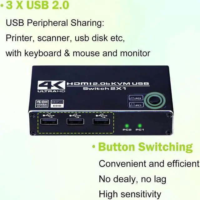 Alt view image 5 of 6 - HDMI2.0 KVM Switch 2 Port 4K @ 60Hz USB Switch KVM Switcher Splitter Box for Sharing Printer Keyboard Mouse KVM Switch