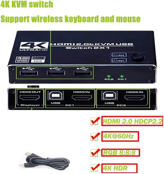Main image of HDMI2.0 KVM Switch 2 Port 4K @ 60Hz USB Switch KVM Switcher Splitter Box for Sharing Printer Keyboard Mouse KVM Switch
