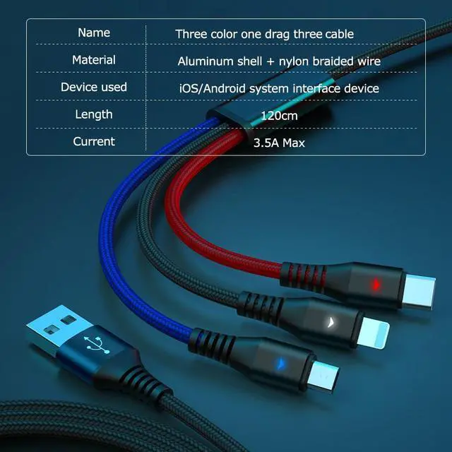 Alt view image 6 of 6 - 3in1 LED USB Charging Cable for iPhone 13 12 11 Pro 3in1 2in1 Micro USB Type C 8Pin Charger Cable for Huawei Xiaomi POCO X3 M3 Line length:1.2m Color:cream-coloured (Mix Color)