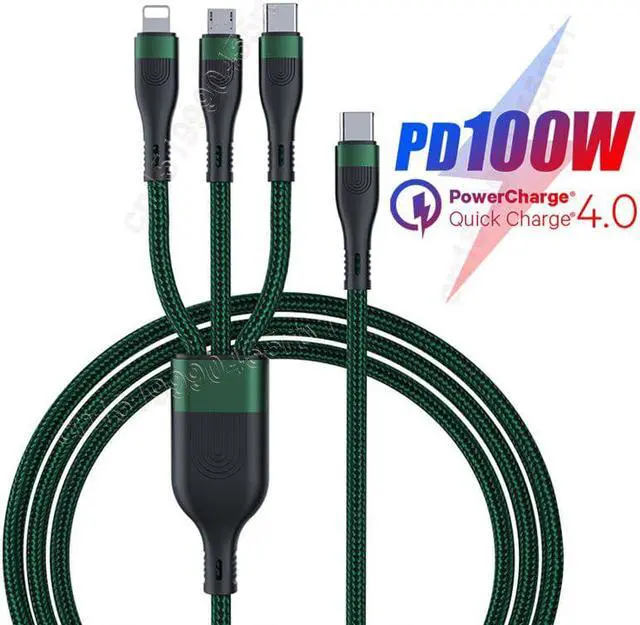 Alt view image 2 of 6 - 3 in 1 PD USB C Cable for iPhone 14 13 12 3in1 100W QC4.0 3.0 Fast Charging Micro USB Type C Cable for Macbook Samsung Xiaomi 1.5M (Green 3in1)