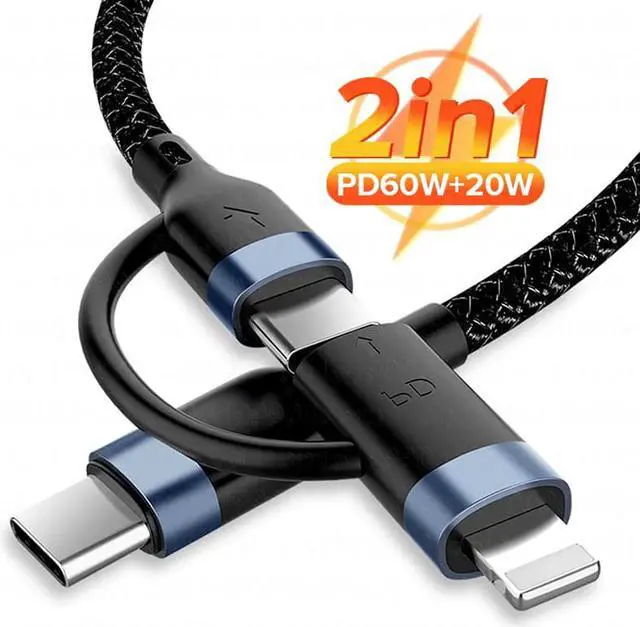 Main image of 2in1 60W/20W PD USB Type C Cable for iPhone 13 12 11 Pro XS XR Fast Charging Charger for MacBook Type C USB C Data Wire Cord 1m