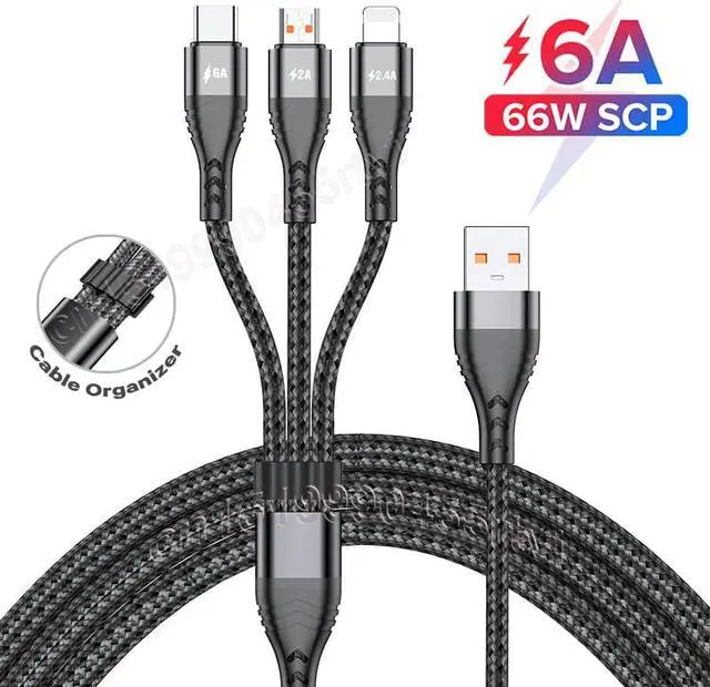 Main image of 3in1 USB Cable 6A Fast Charging for Huawei Mate 40 Pro Quick Charge Micro USB Type C 3 in 1 2 in 1 USB Cable for iPhone 13 12 11 2M(Grey)