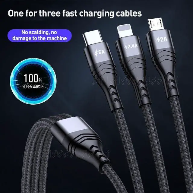 Alt view image 3 of 6 - 3in1 USB Cable 6A Fast Charging for Huawei Mate 40 Pro Quick Charge Micro USB Type C 3 in 1 2 in 1 USB Cable for iPhone 13 12 11 2M(Grey)