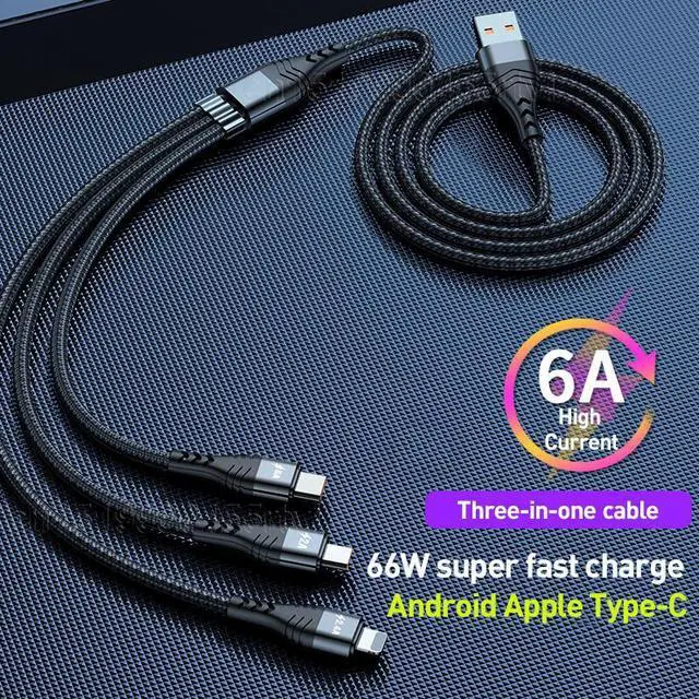 Alt view image 2 of 6 - 3in1 USB Cable 6A Fast Charging for Huawei Mate 40 Pro Quick Charge Micro USB Type C 3 in 1 2 in 1 USB Cable for iPhone 13 12 11 2M(Grey)