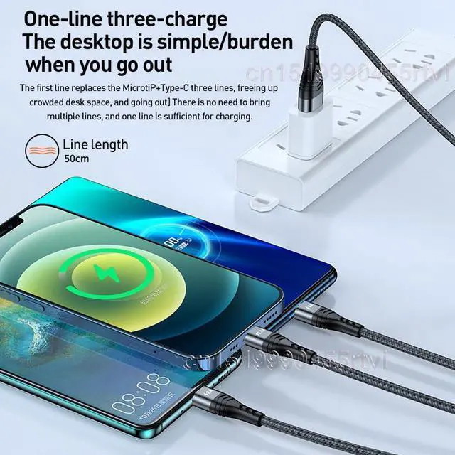 Alt view image 5 of 6 - 3in1 USB Cable 6A Fast Charging for Huawei Mate 40 Pro Quick Charge Micro USB Type C 3 in 1 2 in 1 USB Cable for iPhone 13 12 11 2M(Grey)