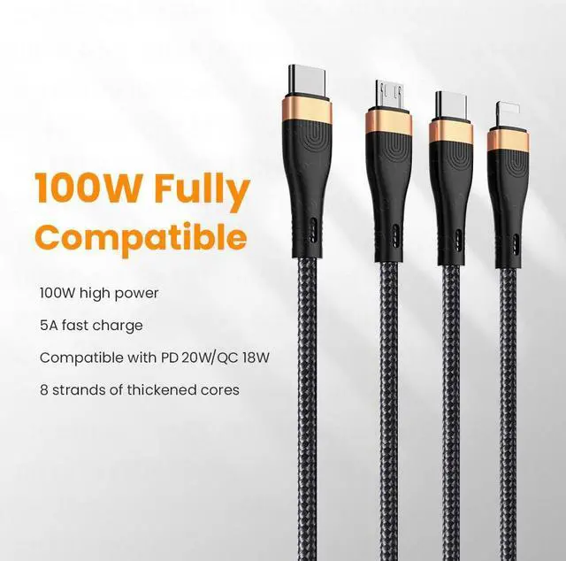 Alt view image 2 of 6 - 3 in 1 PD USB C Cable for iPhone 14 13 12 QC4.0/3.0 100W 5A Fast Charging Micro USB Type C Cable for Macbook Pro Samsung Xiaomi 1.5M (Green 3in1)