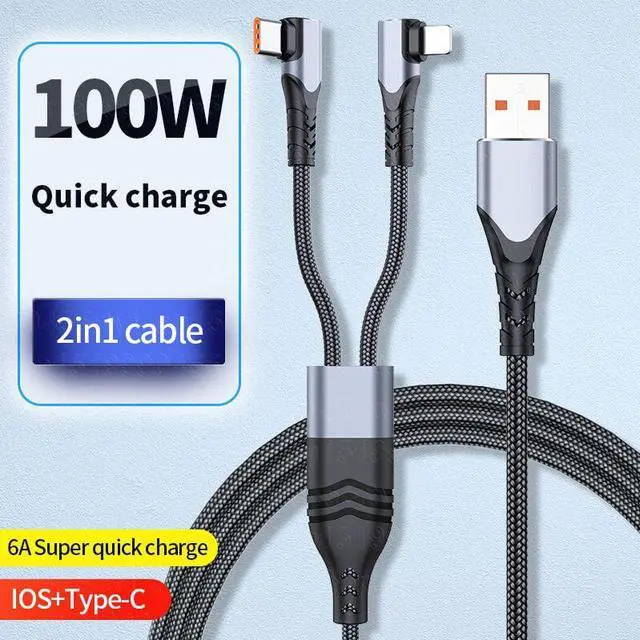 Alt view image 2 of 6 - 2in1 USB C Cable 6A 100W for Honor 50 Huawei P30 P40 Pro Quick Charge 2 in 1 USB Fast Charging Cable for iPhone 14 13 12 Pro Max 1.2M (Black 2in1)