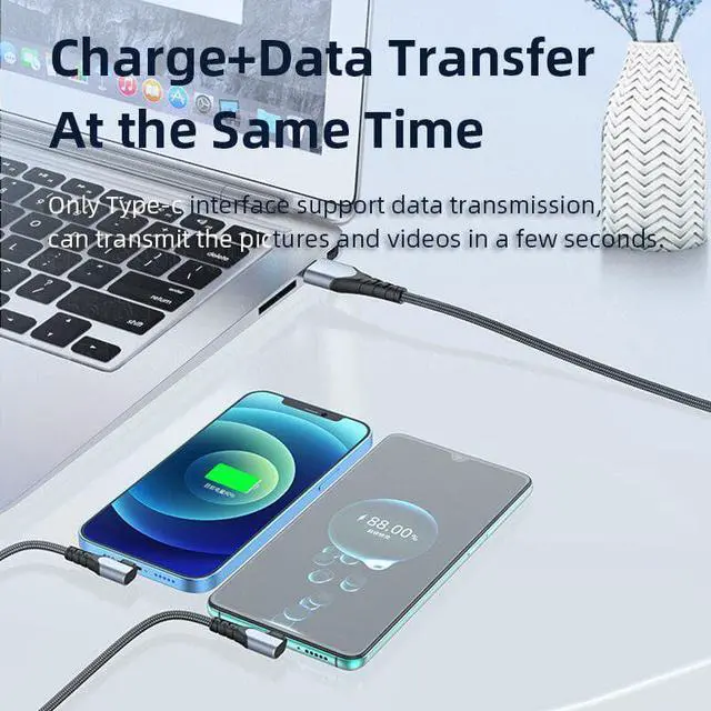 Alt view image 6 of 6 - 2in1 USB C Cable 6A 100W for Honor 50 Huawei P30 P40 Pro Quick Charge 2 in 1 USB Fast Charging Cable for iPhone 14 13 12 Pro Max 1.2M (Black 2in1)