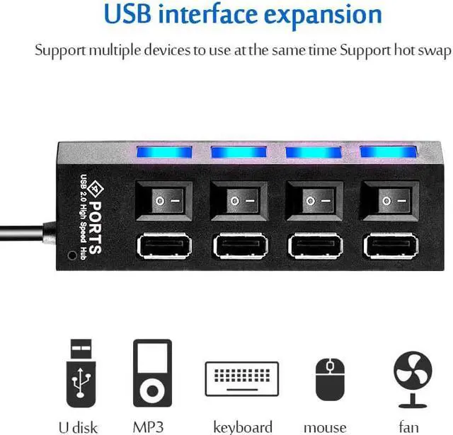 Alt view image 6 of 6 - USB 2.0 Hub USB Hub 2.0 Multi USB Splitter Hub Use Power Adapter 4/7 Port Multiple Expander USB 3.0 Hub with Switch 30CM Cable Color:Blue sky(As the picture show)