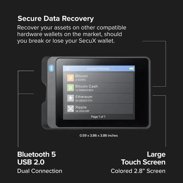 Alt view image 4 of 7 - SecuX W20 Crypto Hardware Wallet- Infineon CC EAL5+ Secure Element, Bluetooth, Cross-platform, 2.8" Color Touchscreen; BTC, ETH, BNB, BSC, ADA, XRP, DOGE, BCH, LTC, XLM; ERC-20/TRC-10,20/BEP-20 Tokens