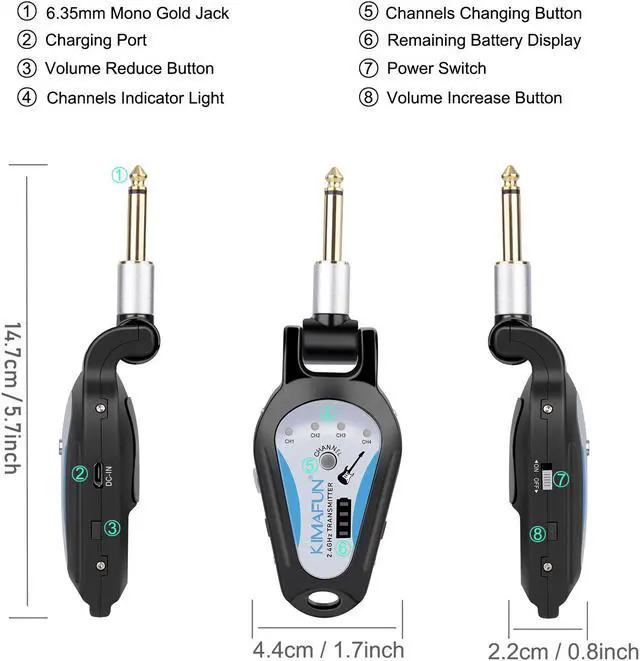 Alt view image 2 of 7 - Wireless Guitar System, KIMAFUN 2.4GHz Wireless Rechargeable Digital Guitar Transmitter and Receiver for Electric Guitar, Bass, Violin, Electronic Drums, G207