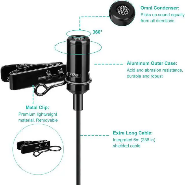 Alt view image 3 of 7 - Lavalier Lapel Microphone, KIMAFUN 3.5mm Clip-on Omnidirectional Condenser Microphone for Smartphone, Canon/Nikon Camera, Camcorder, iPhone, Android, Laptop, PC, Recording, YouTube, 4020-Dual