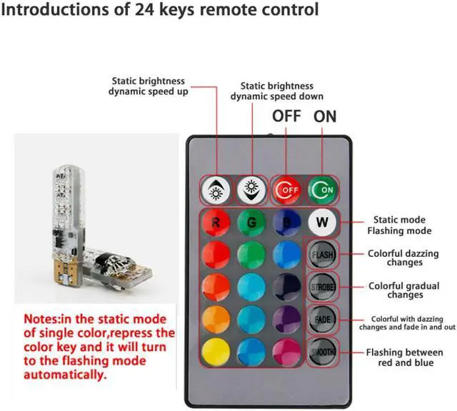 Alt view image 5 of 6 - T10 921 194 168 W5W 2825 Remote Control 3W RGB Multicolor LED Parking Light Bulb