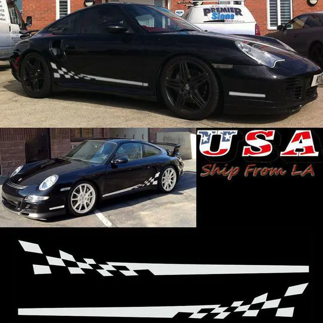 Main image of White Checkered Racing Deacal Car Side Skirt Sill Flag Stripes Vinyl Sticker