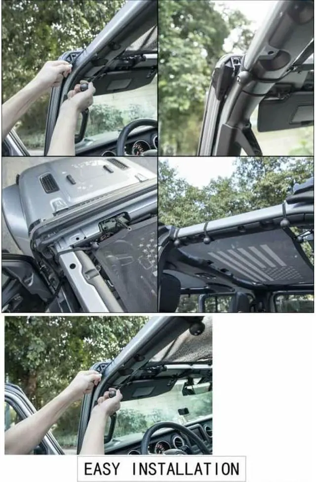 Alt view image 7 of 7 - Roof Top USA Flag Mesh UV Protect Sunshade Net Roof for 2018 2019 2020 2021 Jeep Wrangler JL JLU