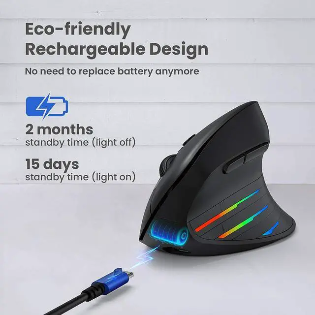 Alt view image 5 of 7 - Rechargeable Ergonomic Mouse Vertical Wireless 2.4GHz 2400DPI Bluetooth Mouse for Laptop, Tablet, PC, Mac, Windows 7/8/10, Android iOS