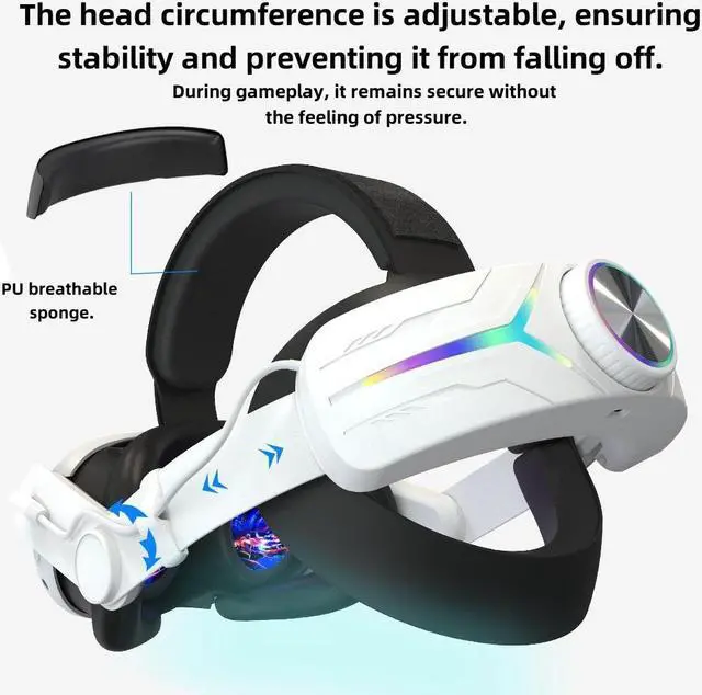 Alt view image 2 of 7 - Adjustable RGB Elite Head for Meta Quest 3S with Built-in 12000mAh Battery Headband for Oculus Quest 3S Accessories White